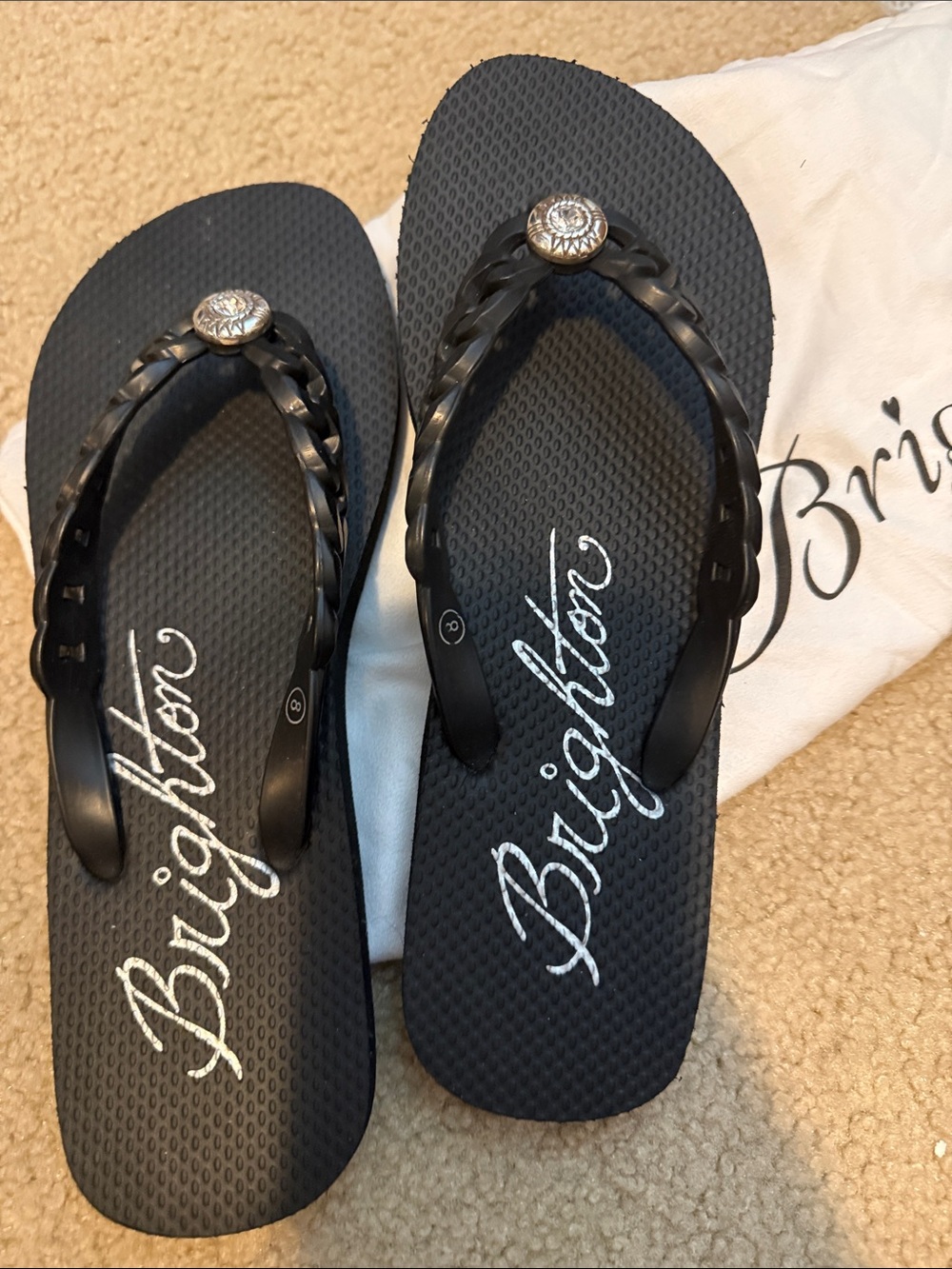 Brighton Black Braided Thong Sandals with Silver Medallions